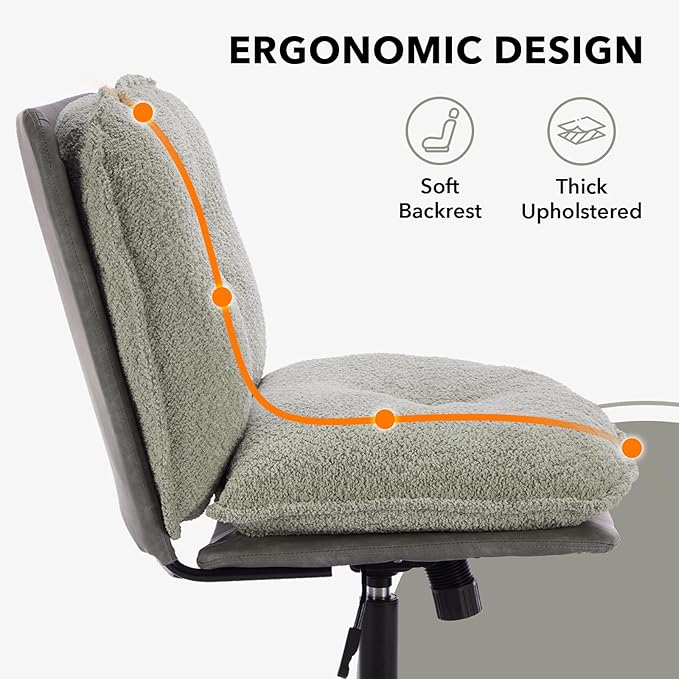 Home Office Chair, Teddy Upholstered Desk Chair with Thick Cushion, Armless Swivel Task Chair, Adjustable Height 360° Rolling Ergonomic Chair