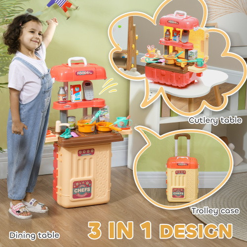 3 in 1 Kids Kitchen Playset, Foldable Play Kitchen Set Converted into Travel Luggage, 36Pcs Play Kitchen Accessories