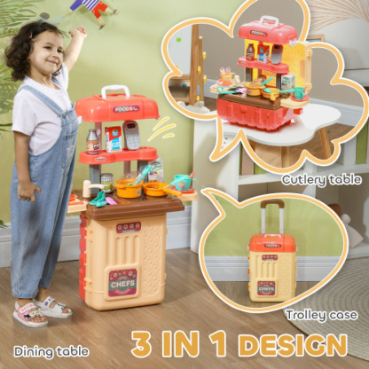 3 in 1 Kids Kitchen Playset, Foldable Play Kitchen Set Converted into Travel Luggage, 36Pcs Play Kitchen Accessories