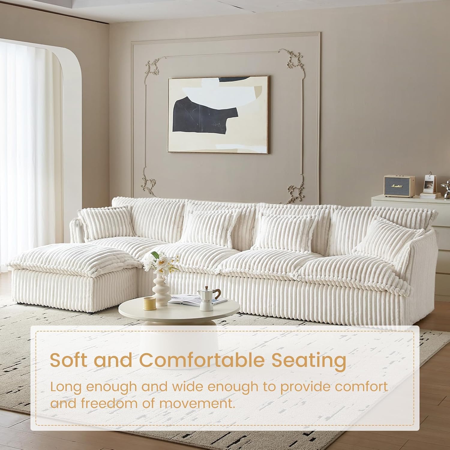 130.7" Corduroy Futon Couch, 4 Seater White Cloud Couch with Ottoman, Comfy Soft Sofa, Modern Corduroy Couch for Bedroom, Living Room