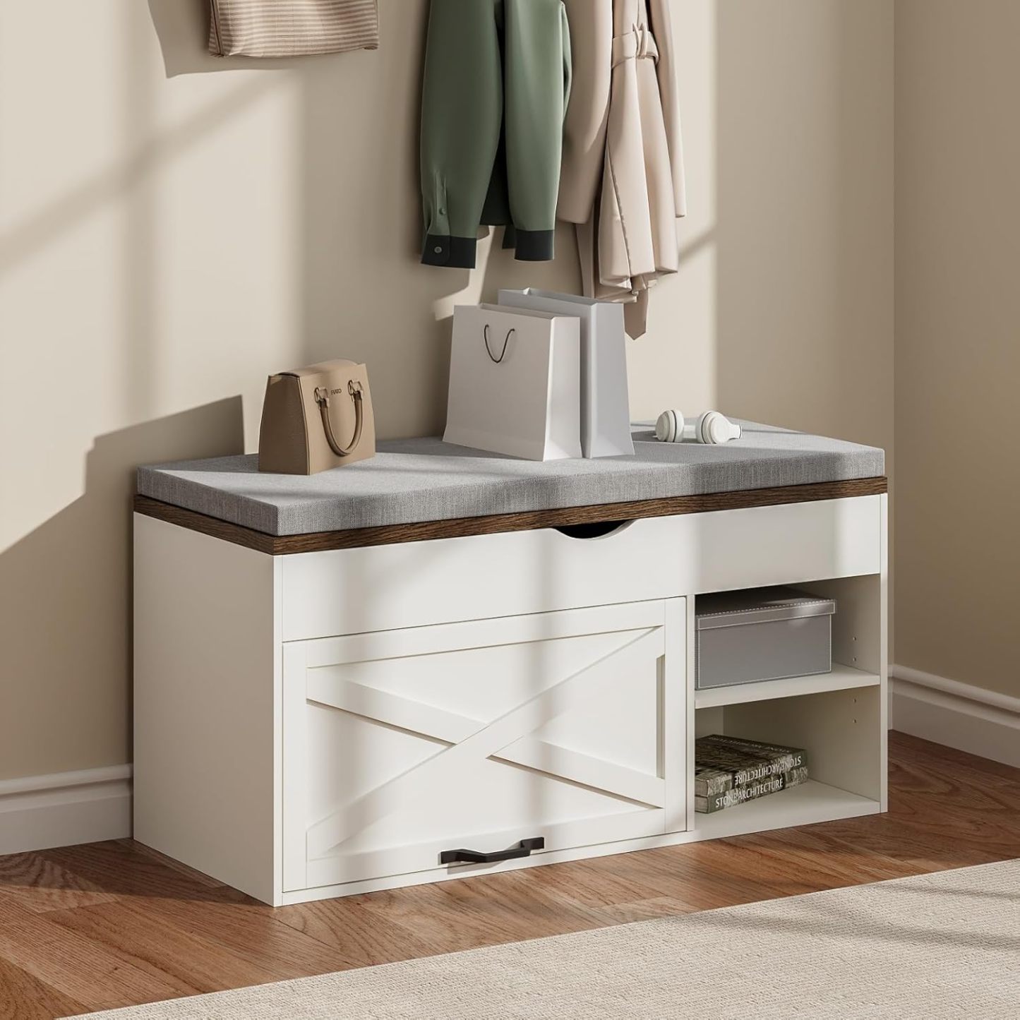 Storage Bench with Cushion, Shoe Bench with Lift Top Storage, Adjustable Shelf, Shoe Cabinet