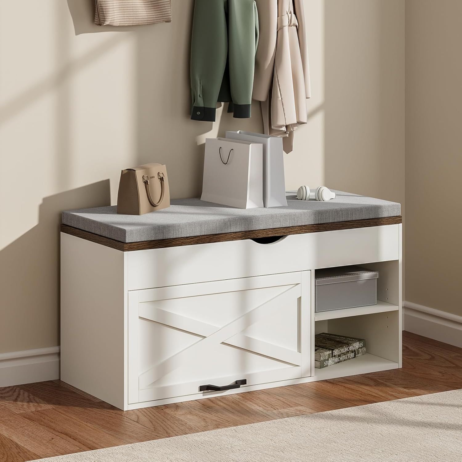 Storage Bench with Cushion, Shoe Bench with Lift Top Storage, Adjustable Shelf, Shoe Cabinet