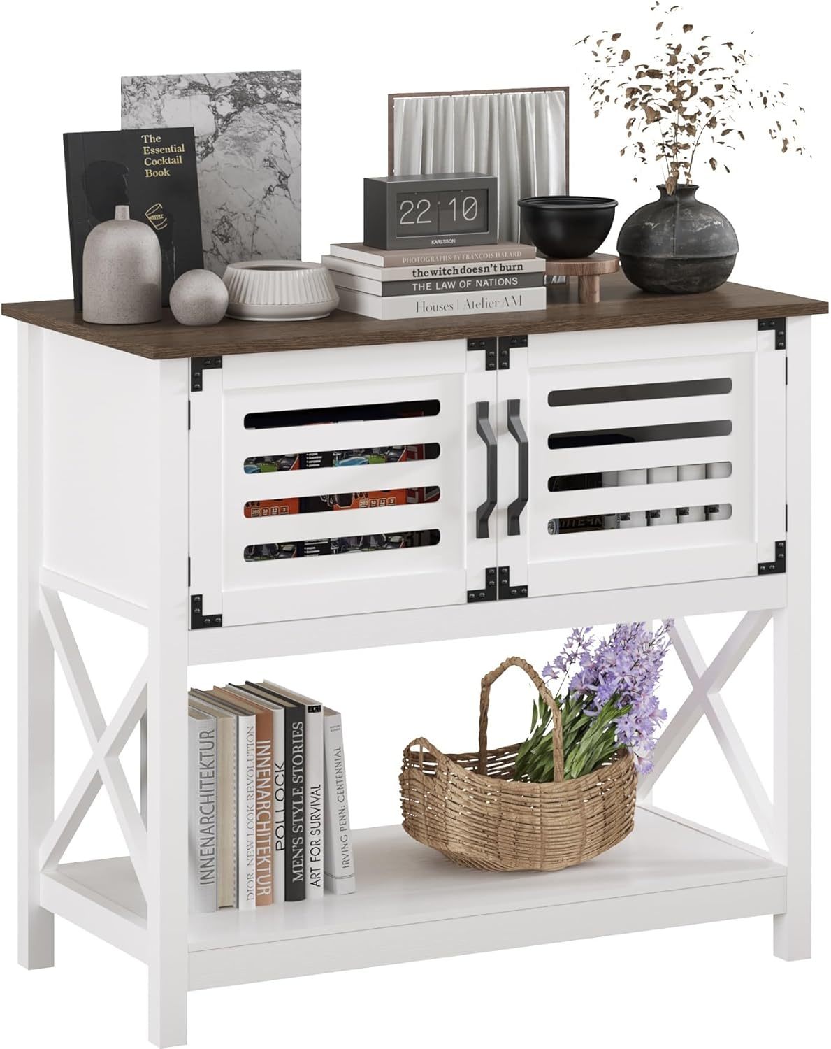 Farmhouse Console Table with Charging Station, 35.4 L x 17.7 D x 31.49 H Coffee Bar Cabinet with Storage