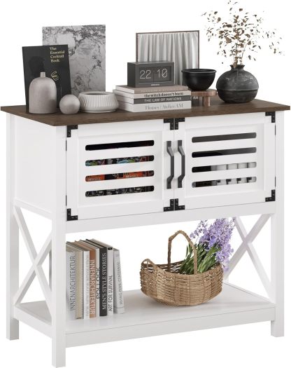 Farmhouse Console Table with Charging Station, 35.4 L x 17.7 D x 31.49 H Coffee Bar Cabinet with Storage