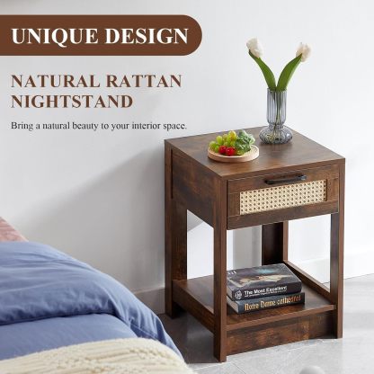 Natural Rattan Nightstand Set of 2, Bed Side Tables with Drawer, Wooden End Table with Storage Shelf