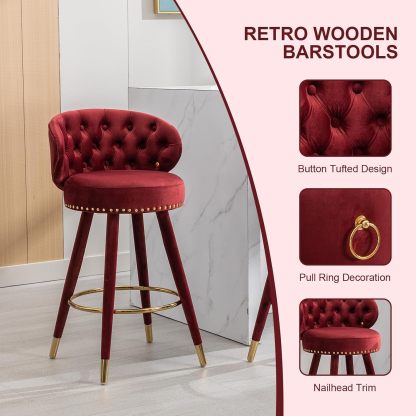Velvet Bar Stools Set of 2, Counter Height Bar Stools, Retro Wooden Pub Barstools with Back and Footrest