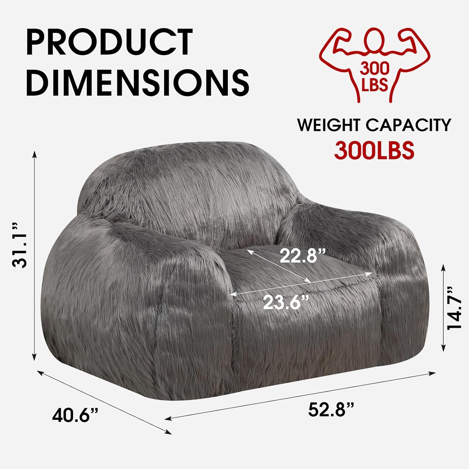 Plush Ultra Big Bean Bag Sofa, 40.6" D x 52.8" W x 31.1" H, Memory Foam Big Bean Bag Chair, Stuffed Lazy Sofa with Armrest