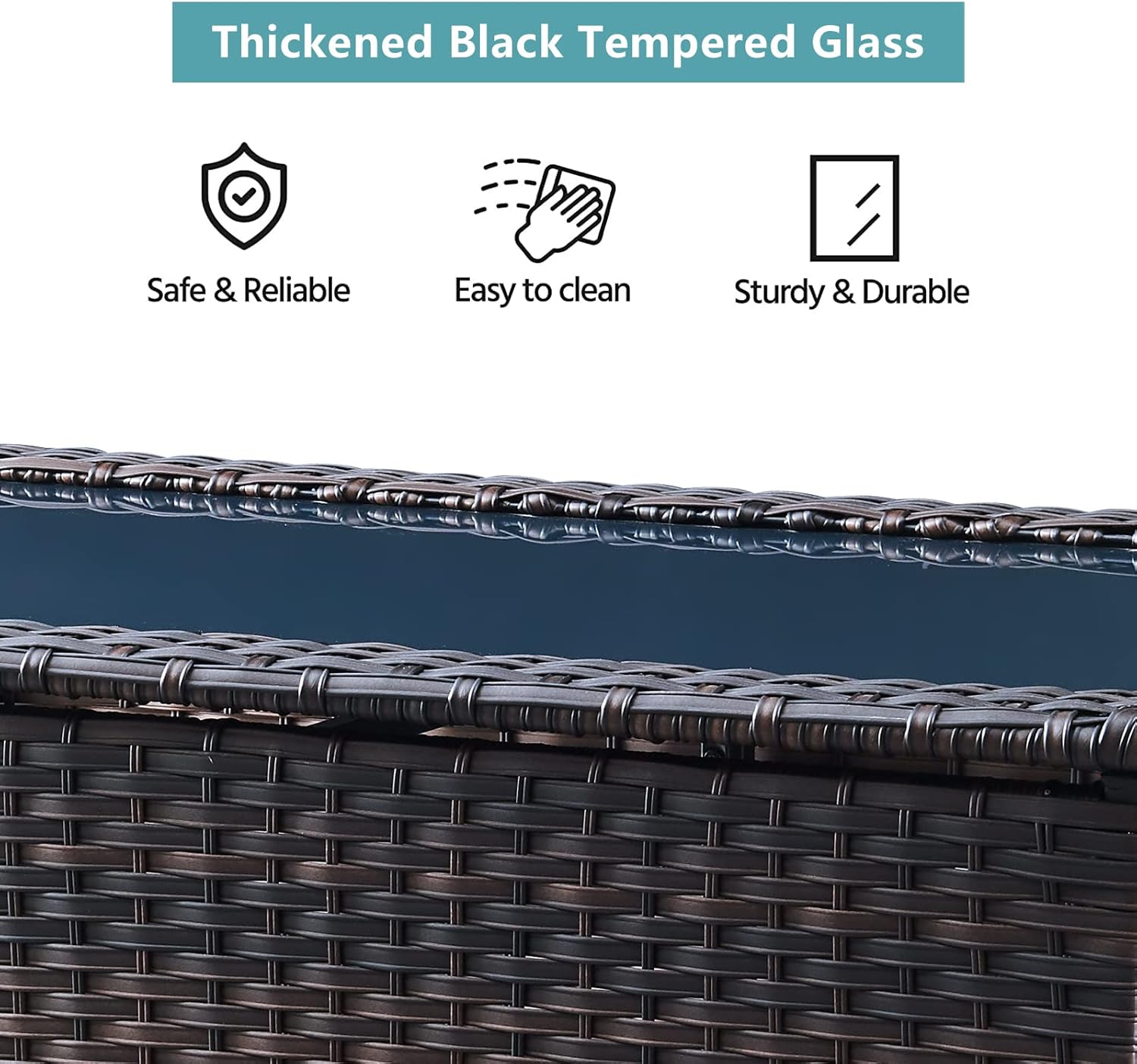 Outdoor Coffee Table Patio Rattan Patio Side Table Built-in Black Glass Top PE Wicker Rectangle Sofa Table Dark Brown