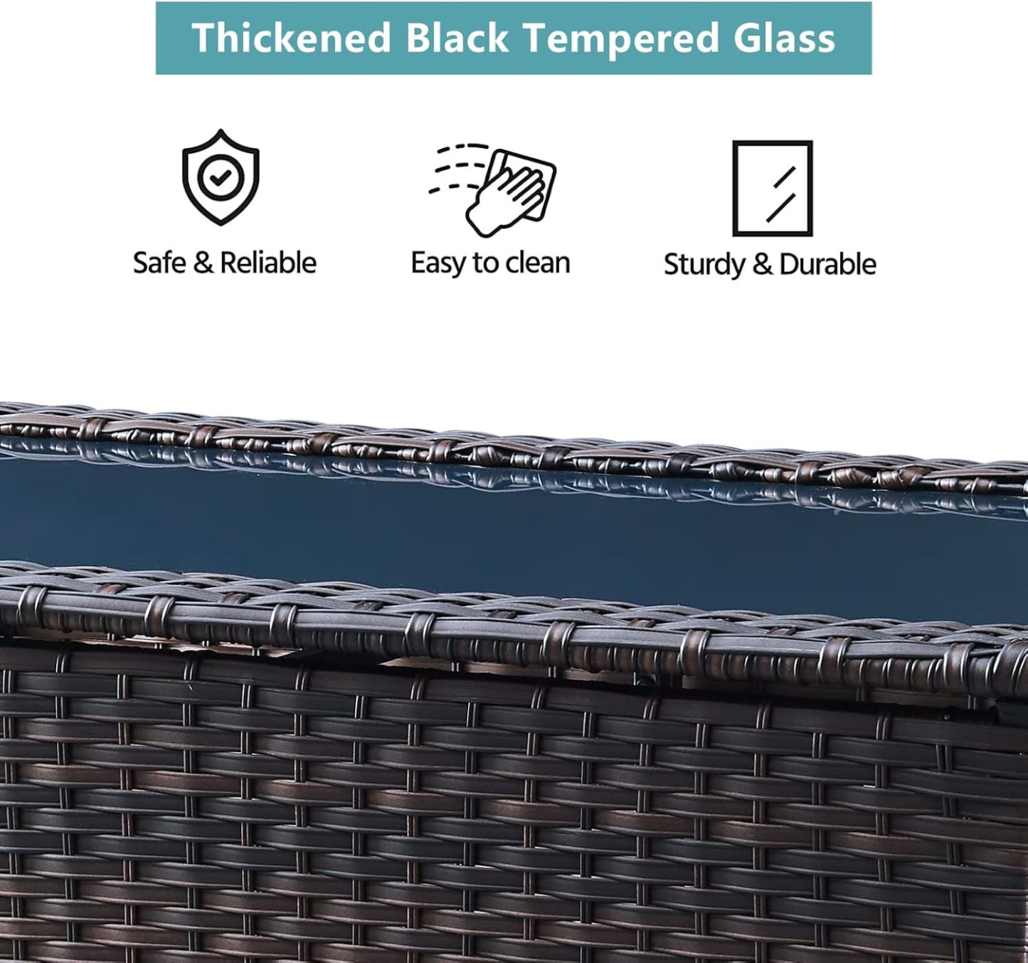 Outdoor Coffee Table Patio Rattan Patio Side Table Built-in Black Glass Top PE Wicker Rectangle Sofa Table Dark Brown