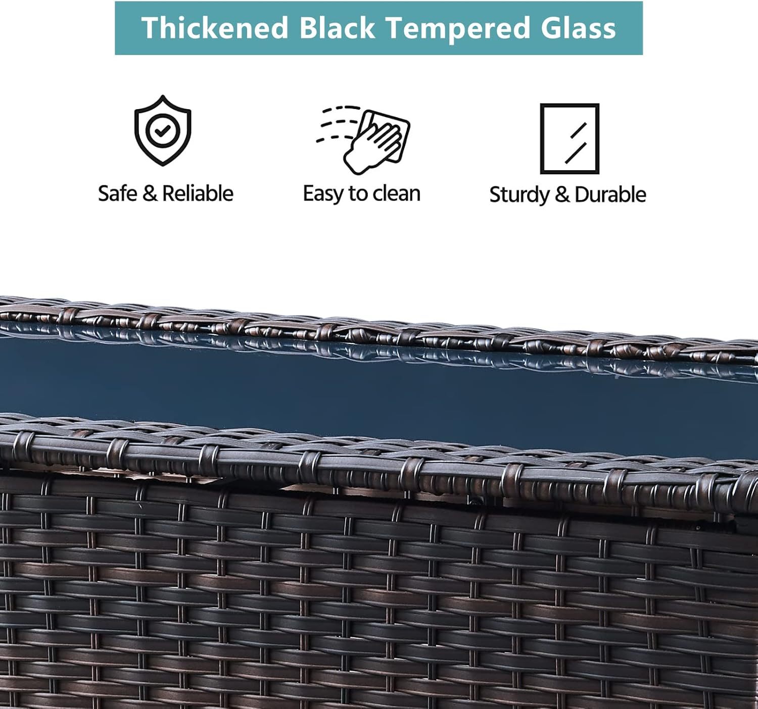 Outdoor Coffee Table Patio Rattan Patio Side Table Built-in Black Glass Top PE Wicker Rectangle Sofa Table Dark Brown