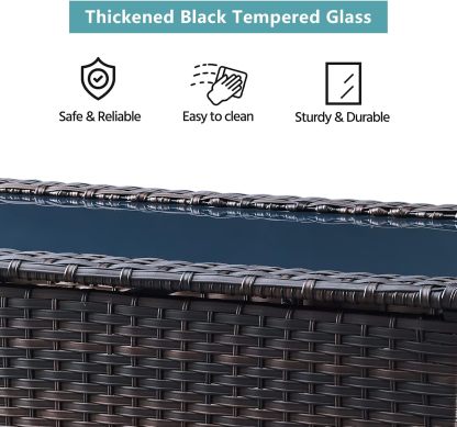 Outdoor Coffee Table Patio Rattan Patio Side Table Built-in Black Glass Top PE Wicker Rectangle Sofa Table Dark Brown