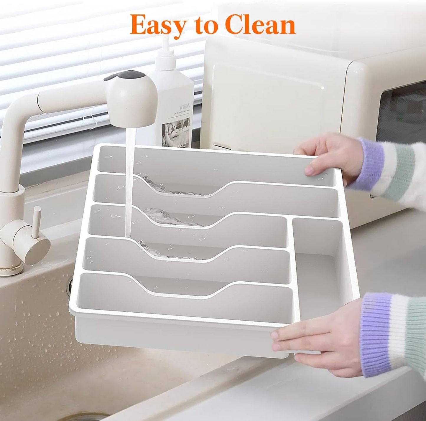 Silverware Organizer with Lid, Covered Utensil Tray for Kitchen Drawer and Countertop, Plastic Cutlery and Flatware Storage Box