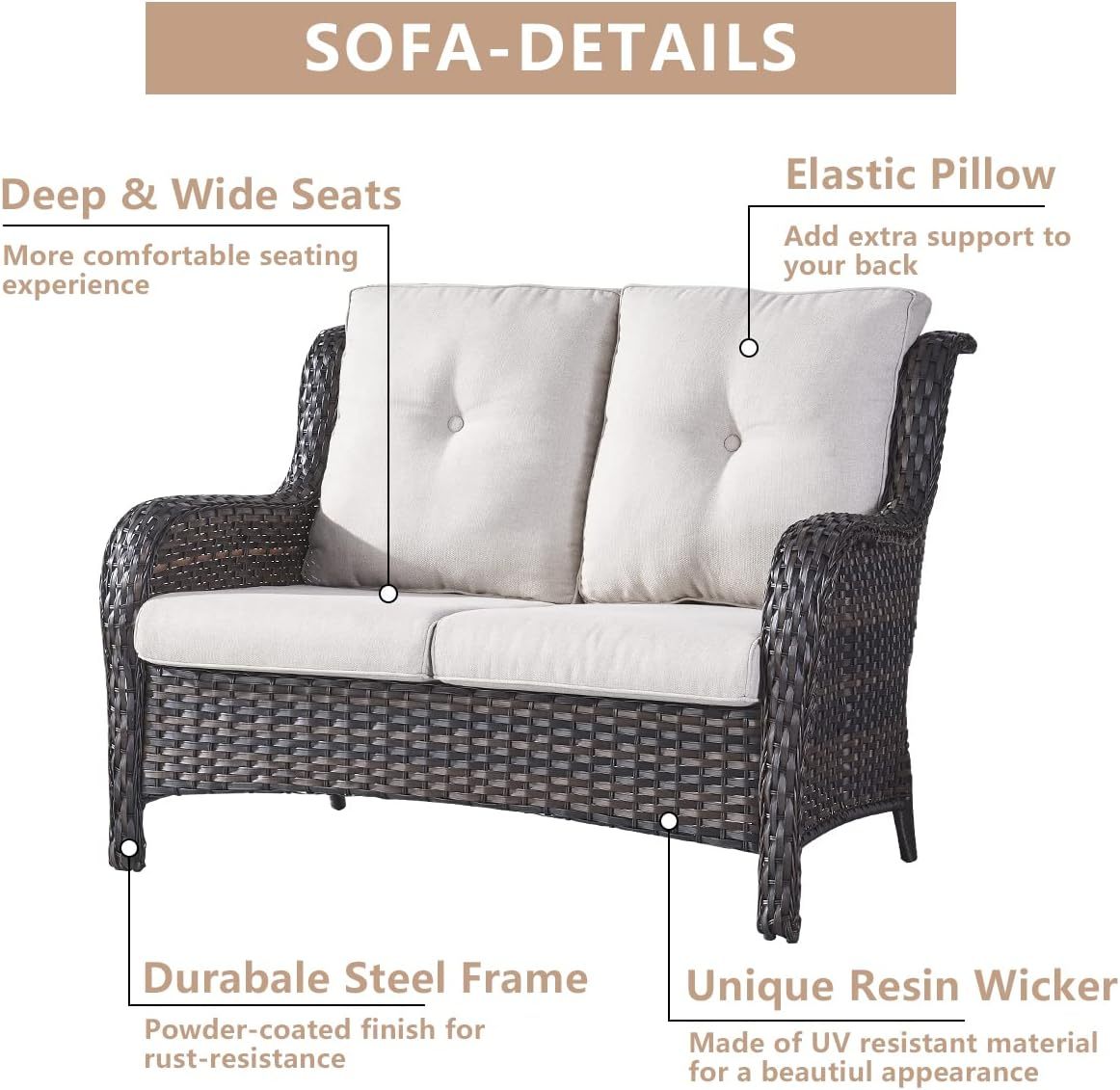 Outdoor Loveseat Sofa 2-Seat PE Rattan Patio Love Seat with Cushions,Deep Seat High Curved Back Armset Sectional Couch for Patio,Garden,Yard,Porch