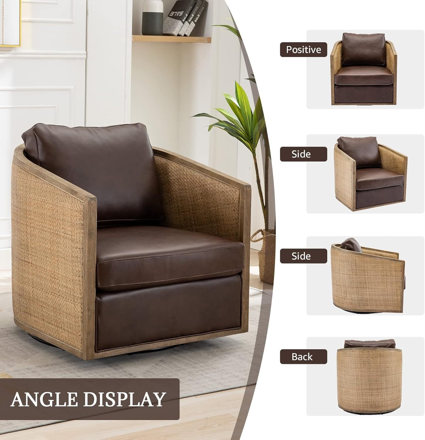 Swivel Barrel Chair with Rattan Design, Leather Accent Sofa Chair, Club Chair with Pillow, Leisure Arm Chair for Living Room, Hotel, Bedroom