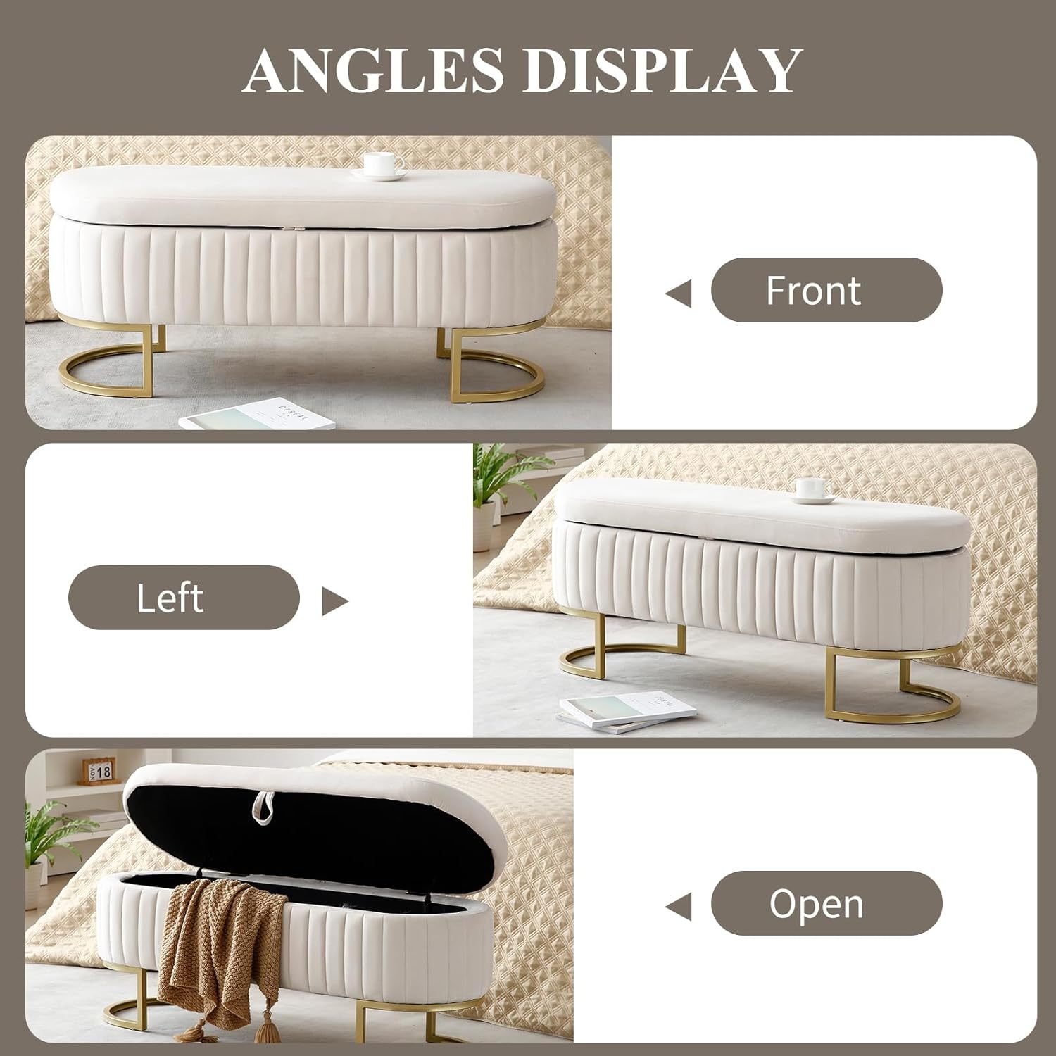 50" Storage Ottoman Bench, Velvet Upholstered End Bed Bench with Metal Legs, Tufted Entryway Bench with Ring-Pull