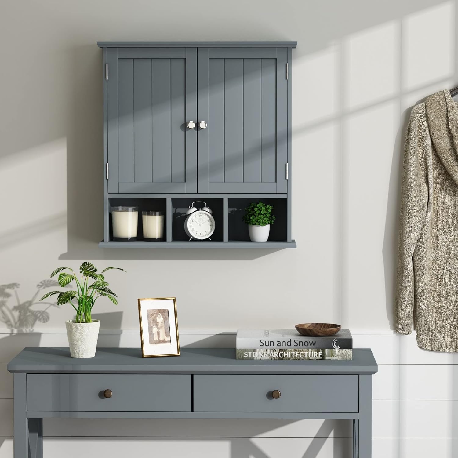 Bathroom Cabinet Wall Mounted 2-Door with 3 Open Shelves, Wooden Medicine Cabinets with Adjustable Shelf