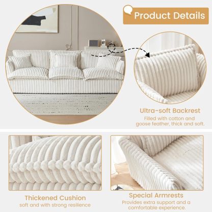 101" Spacious Corduroy Futon Couch, 3 Seater White Cloud Couch, Comfy Soft Sofa, Modern Corduroy Couch for Bedroom, 2 Seater Floor Couch for Living Room, Memory Foam Couch(White, 3 Seater)