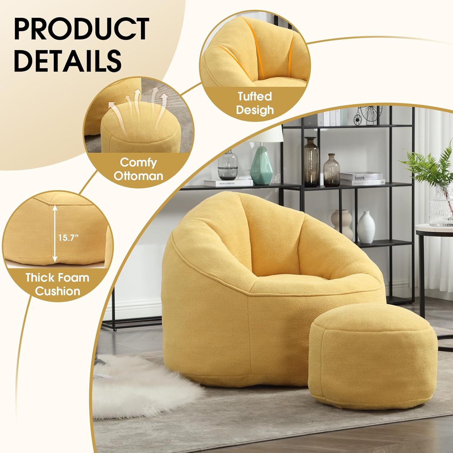 Bean Bag Chair for Adult, Microfiber Upholstered Bean Bag Sofa with Petal Back, Shell-Shaped Beanbag Chair with Footstool