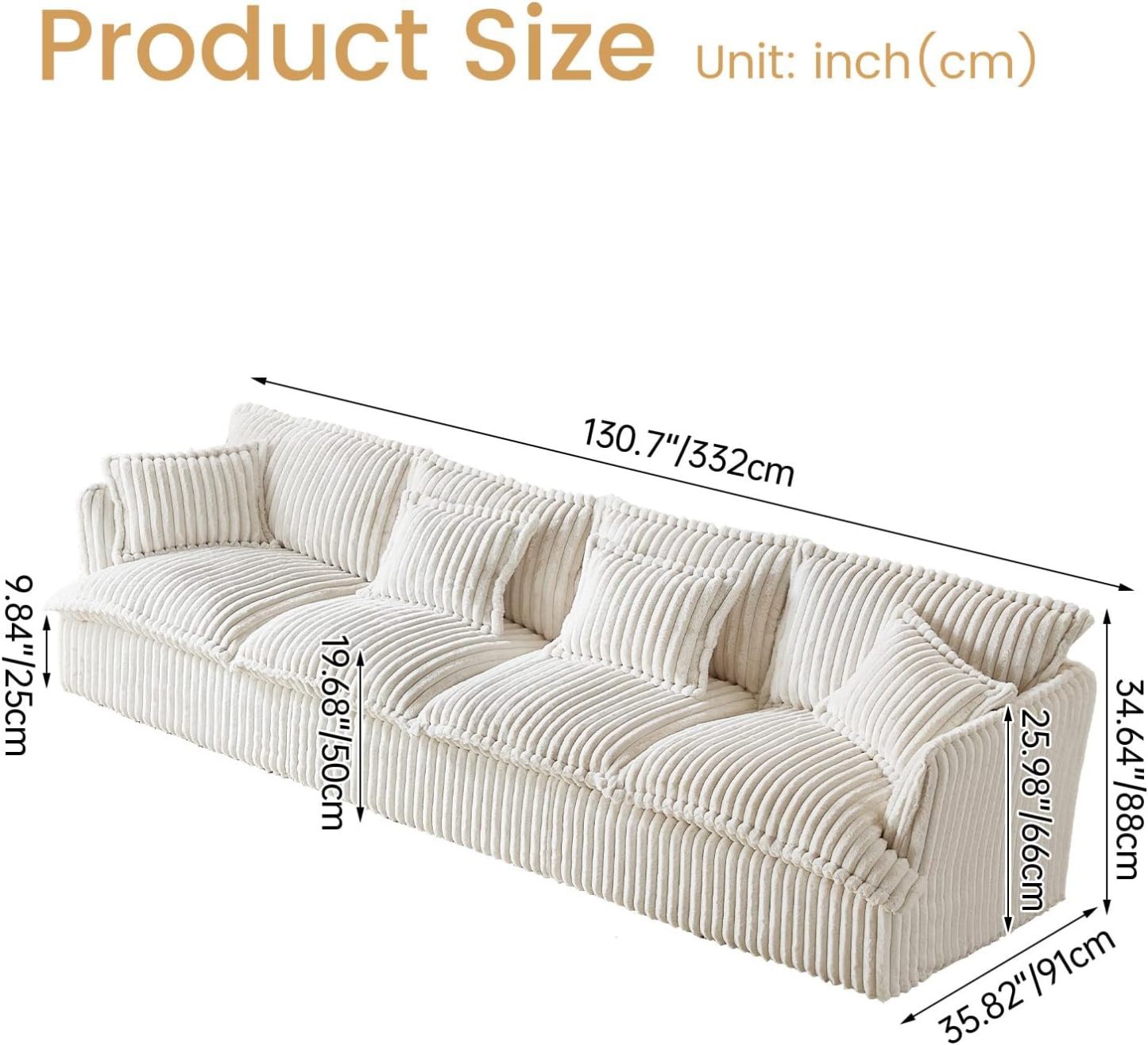 130.7" Corduroy Futon Couch, 4 Seater White Cloud Couch, Comfy Soft Sofa, Modern Corduroy Couch for Bedroom, Floor Couch for Living Room, Memory Foam Modular Cloud Couch (White, 4 Seater)