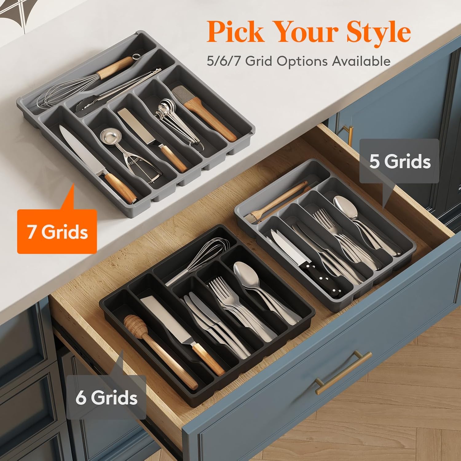 Silverware Drawer Organizer Tray, Plastic Cutlery Storage for Kitchen Drawer, Flatware and Utensil Holder Divider