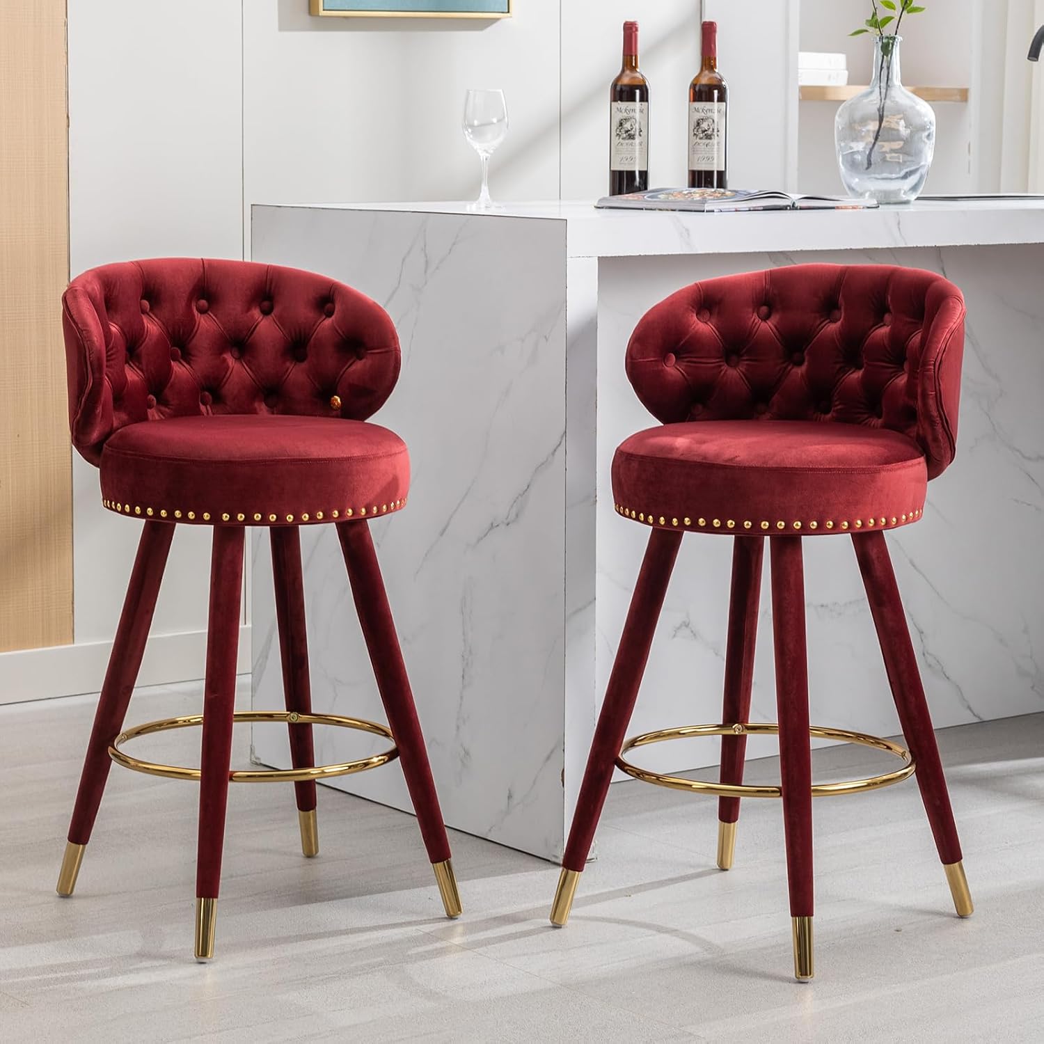 Velvet Bar Stools Set of 2, Counter Height Bar Stools, Retro Wooden Pub Barstools with Back and Footrest
