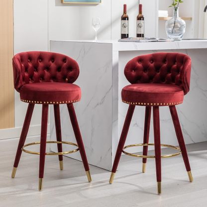 Velvet Bar Stools Set of 2, Counter Height Bar Stools, Retro Wooden Pub Barstools with Back and Footrest