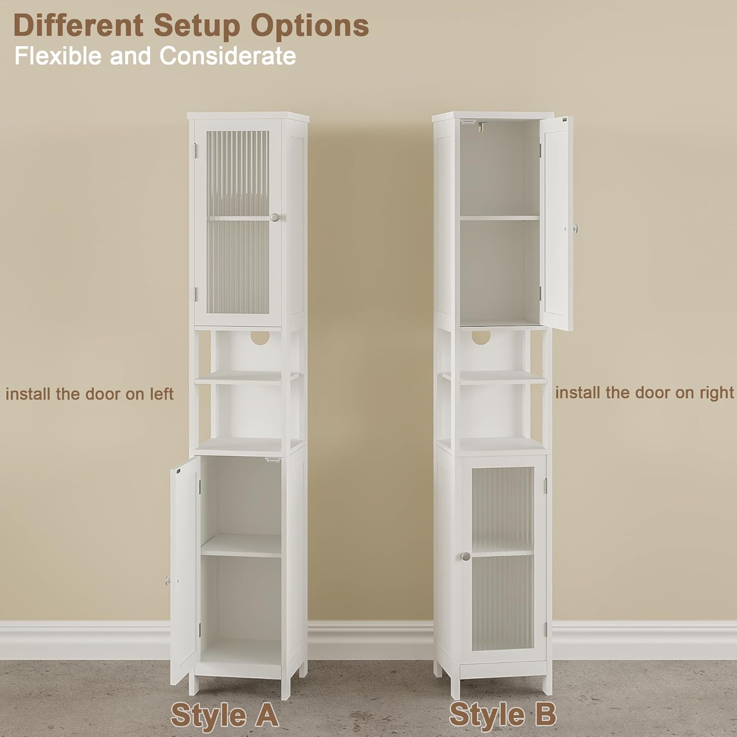 Tall Bathroom Storage Cabinet with Light, 5-Tier Narrow Bathroom Cabinet with 2 Doors