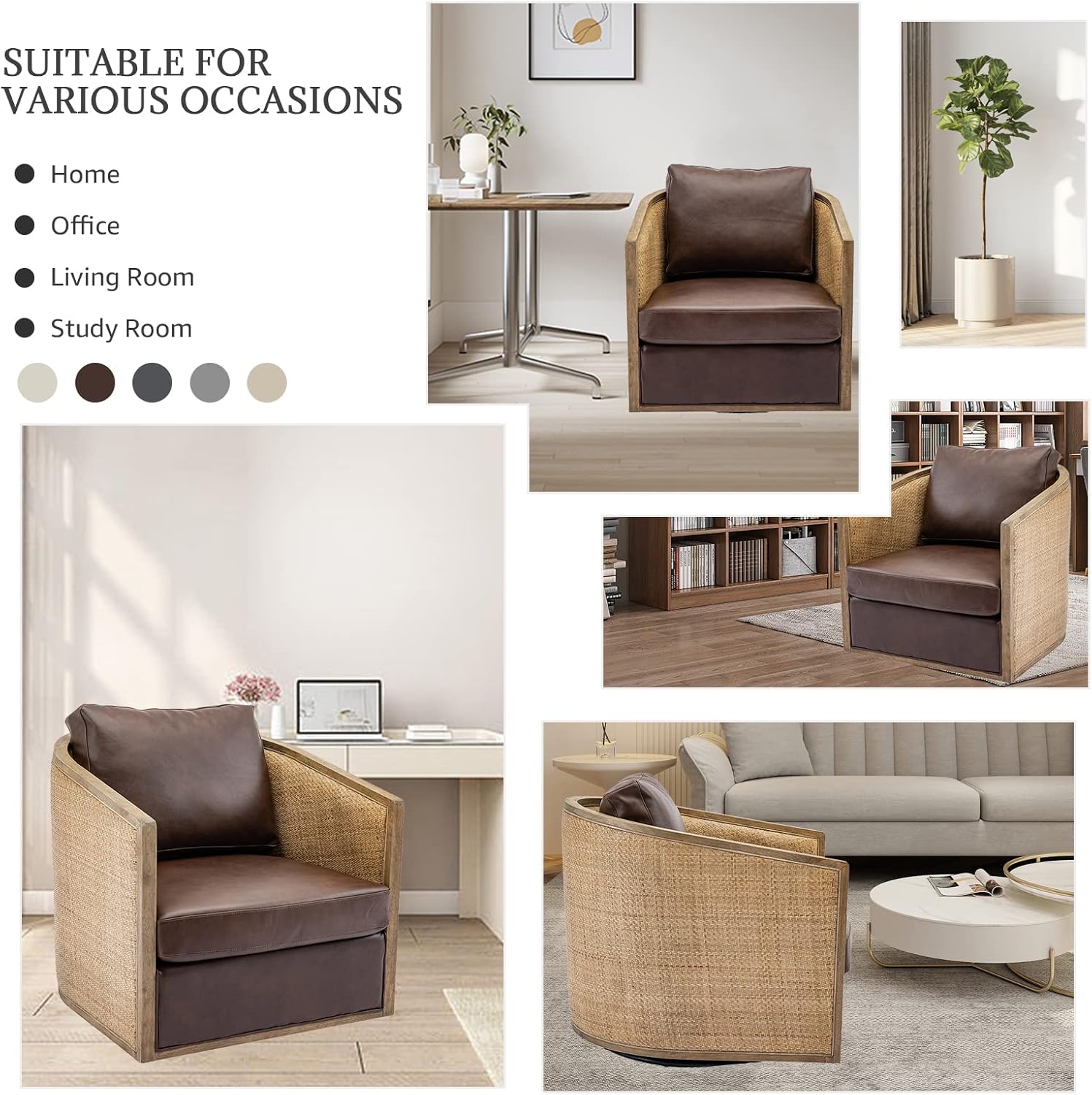 Swivel Barrel Chair with Rattan Design, Leather Accent Sofa Chair, Club Chair with Pillow, Leisure Arm Chair for Living Room, Hotel, Bedroom