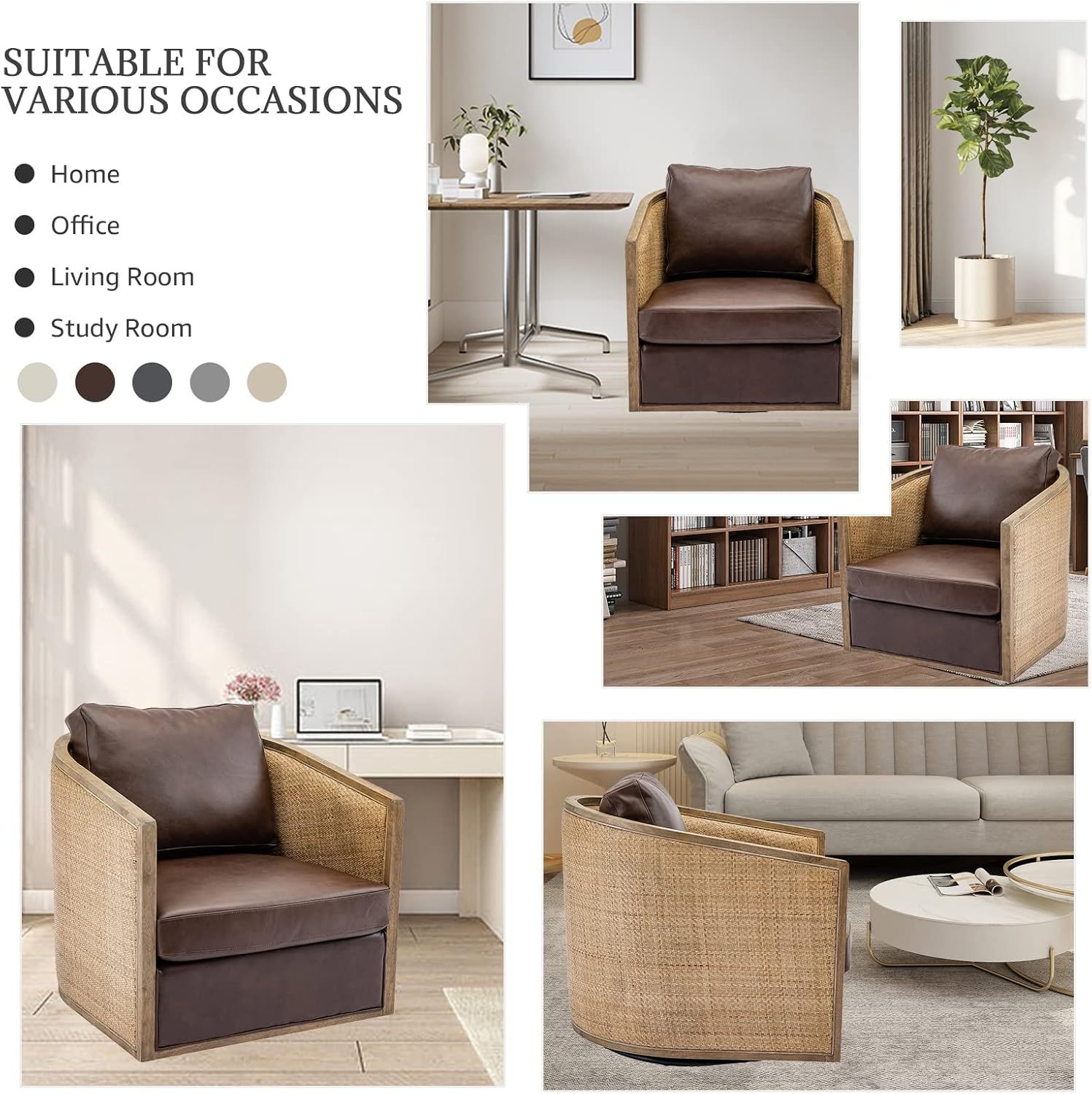 Swivel Barrel Chair with Rattan Design, Leather Accent Sofa Chair, Club Chair with Pillow, Leisure Arm Chair for Living Room, Hotel, Bedroom