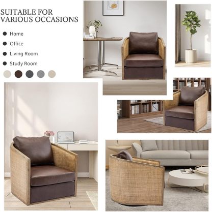Swivel Barrel Chair with Rattan Design, Leather Accent Sofa Chair, Club Chair with Pillow, Leisure Arm Chair for Living Room, Hotel, Bedroom