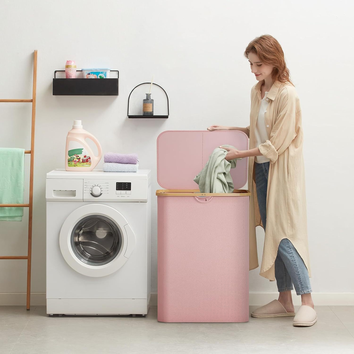 150L Laundry Basket with Lid, Clothes Hampers for Laundry with Bamboo Handles and 2 Removable Laundry Bags