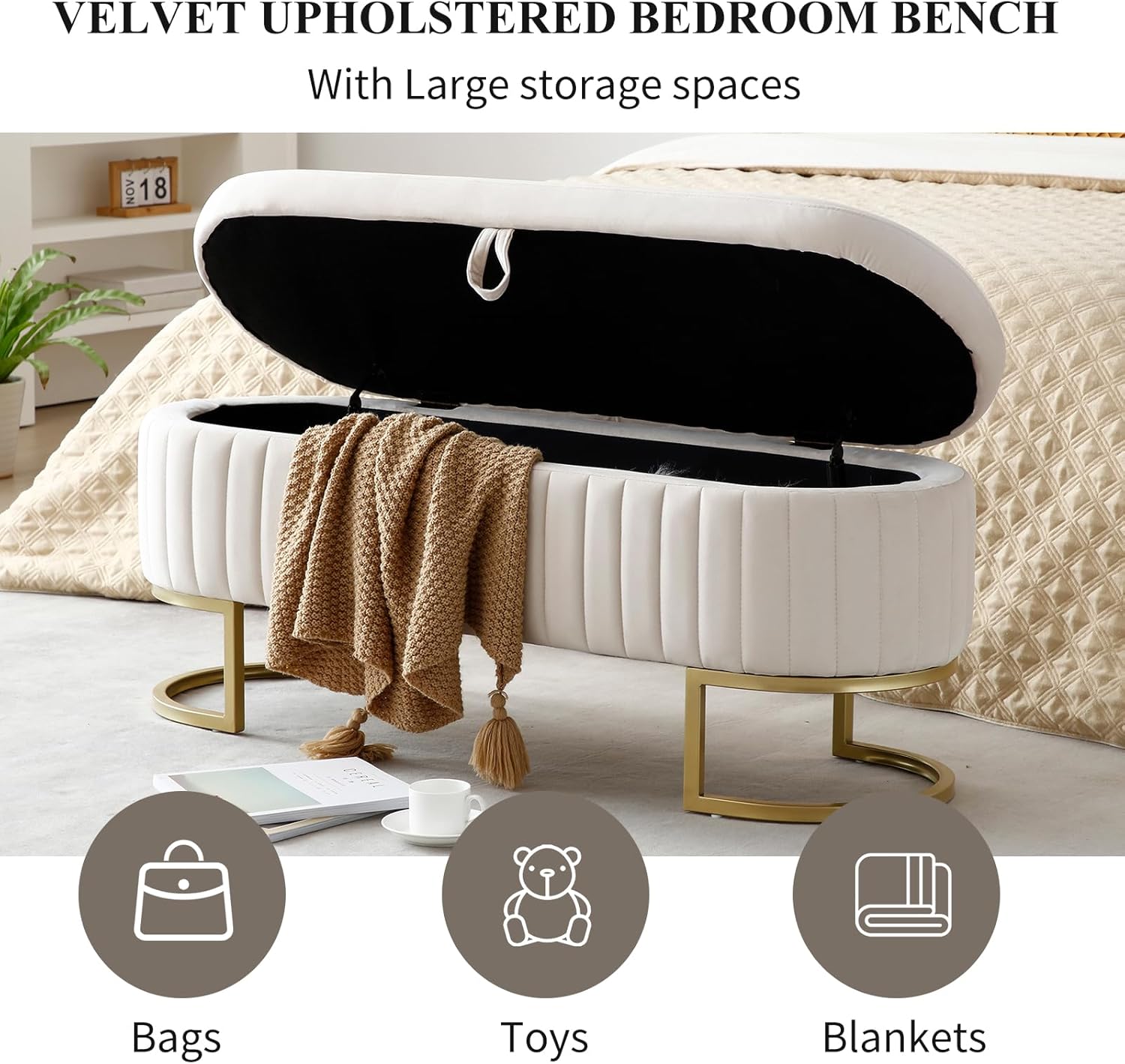 50" Storage Ottoman Bench, Velvet Upholstered End Bed Bench with Metal Legs, Tufted Entryway Bench with Ring-Pull