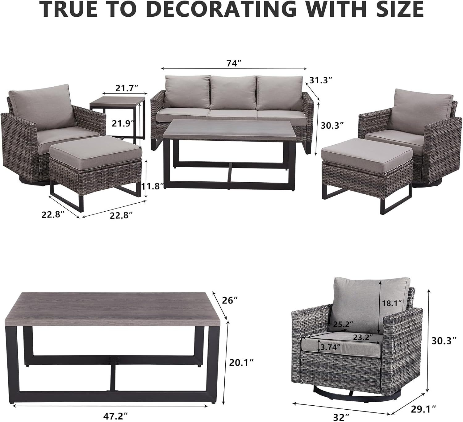 7 Piece Patio Furniture Set Outdoor Sectional Sofa,High Back Patio Swivel Rocker Chairs with Ottomans Coffee Table for Porch