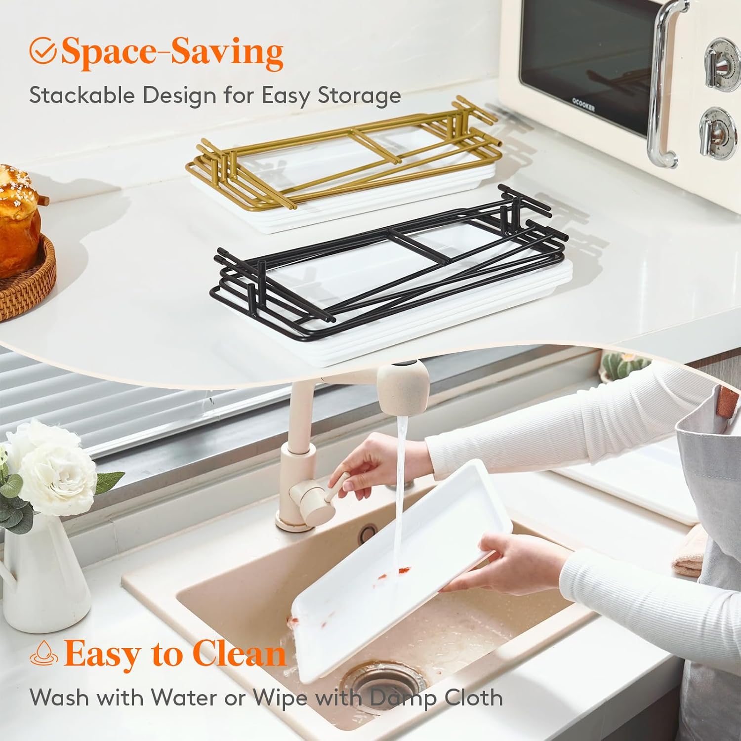 3 Tier Plastic Serving Tray for Party Supplies, 12" x 6.5" Platters for Serving Food, White Reusable Trays with Black Metal Display Stand