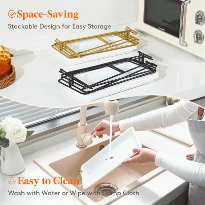 3 Tier Plastic Serving Tray for Party Supplies, 12" x 6.5" Platters for Serving Food, White Reusable Trays with Black Metal Display Stand