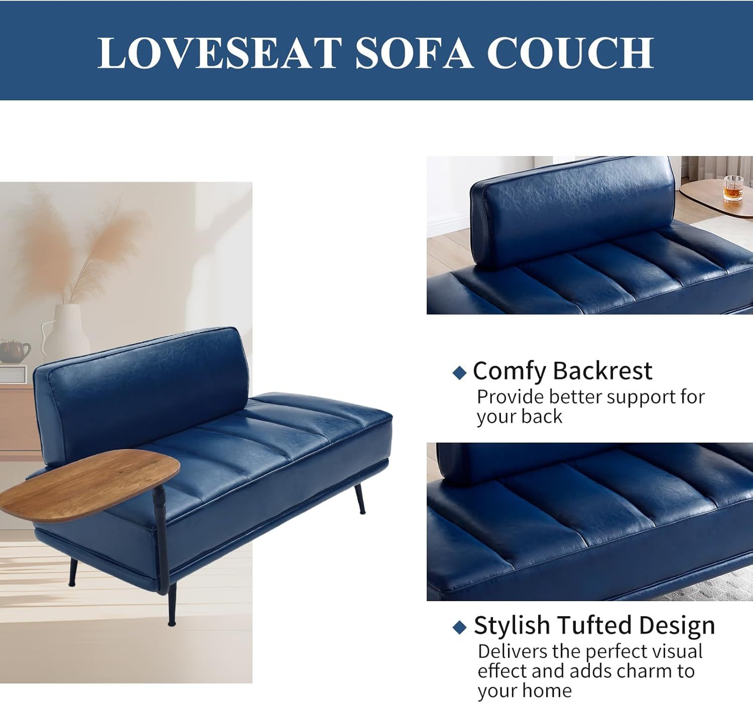 Modern Loveseat Sofa Couch, PU Leather Upholstered Small 2 Seat Sofa Couch with Side Table, Tufted Accent Sofa Couch with Metal Legs