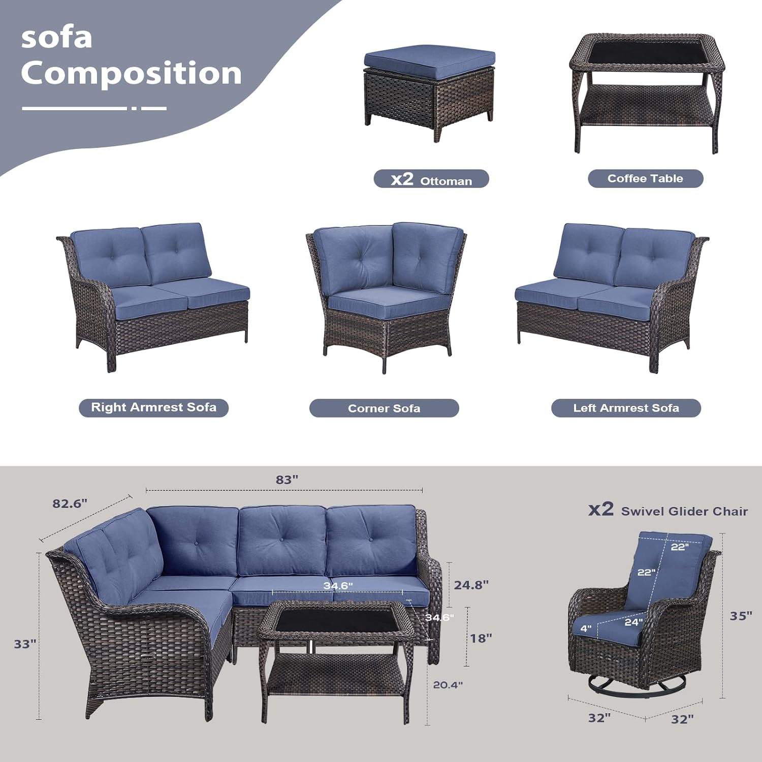 8 Piece Patio Furniture PE Wikcer Outdoor Furniture Set with Sectional Sofa Swivel Patio Chairs Ottomans and Glass Coffee Table