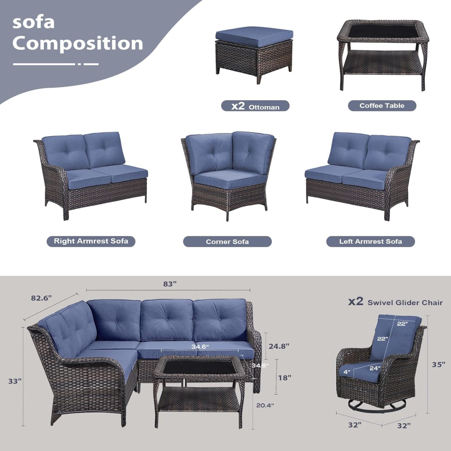 8 Piece Patio Furniture PE Wikcer Outdoor Furniture Set with Sectional Sofa Swivel Patio Chairs Ottomans and Glass Coffee Table