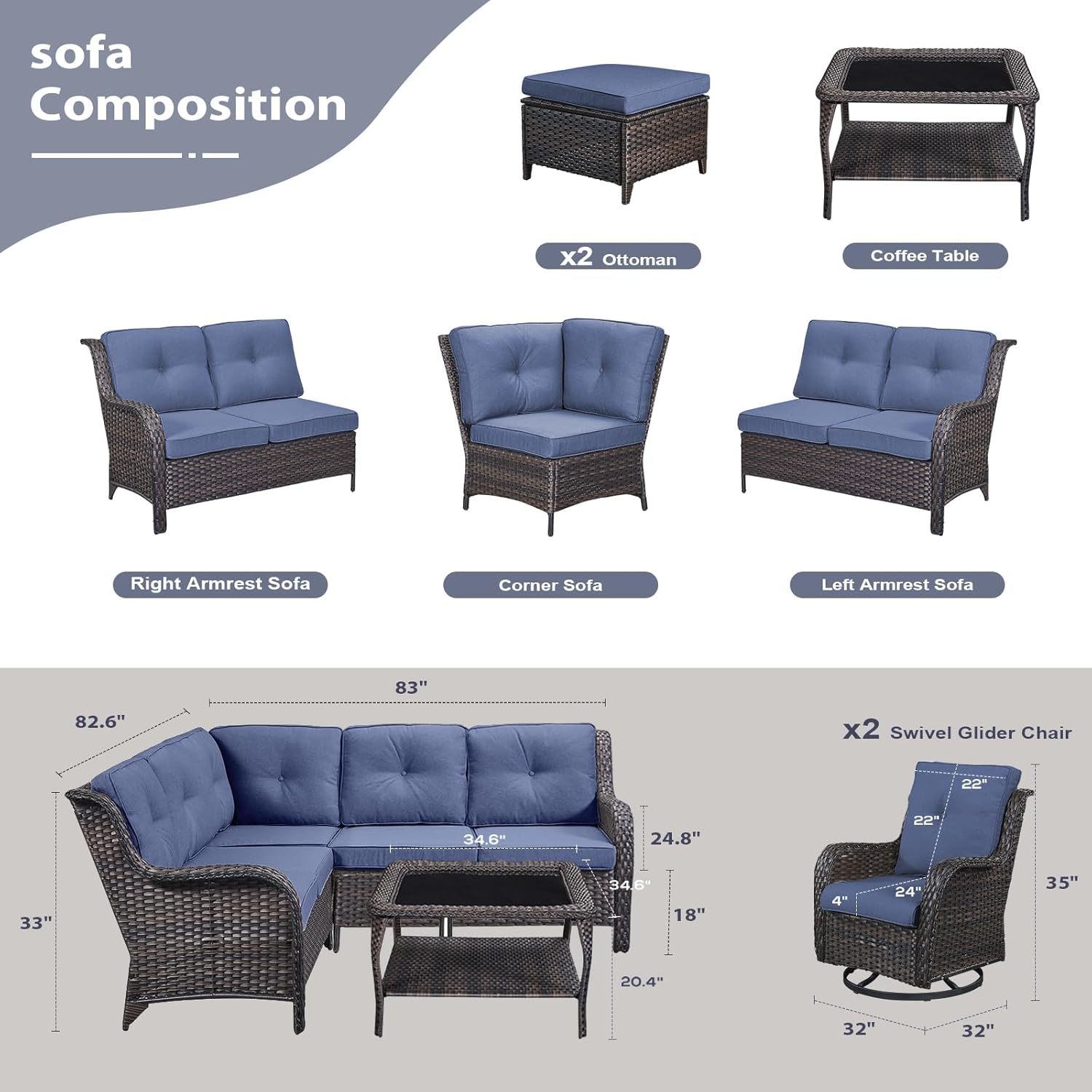 8 Piece Patio Furniture PE Wikcer Outdoor Furniture Set with Sectional Sofa Swivel Patio Chairs Ottomans and Glass Coffee Table