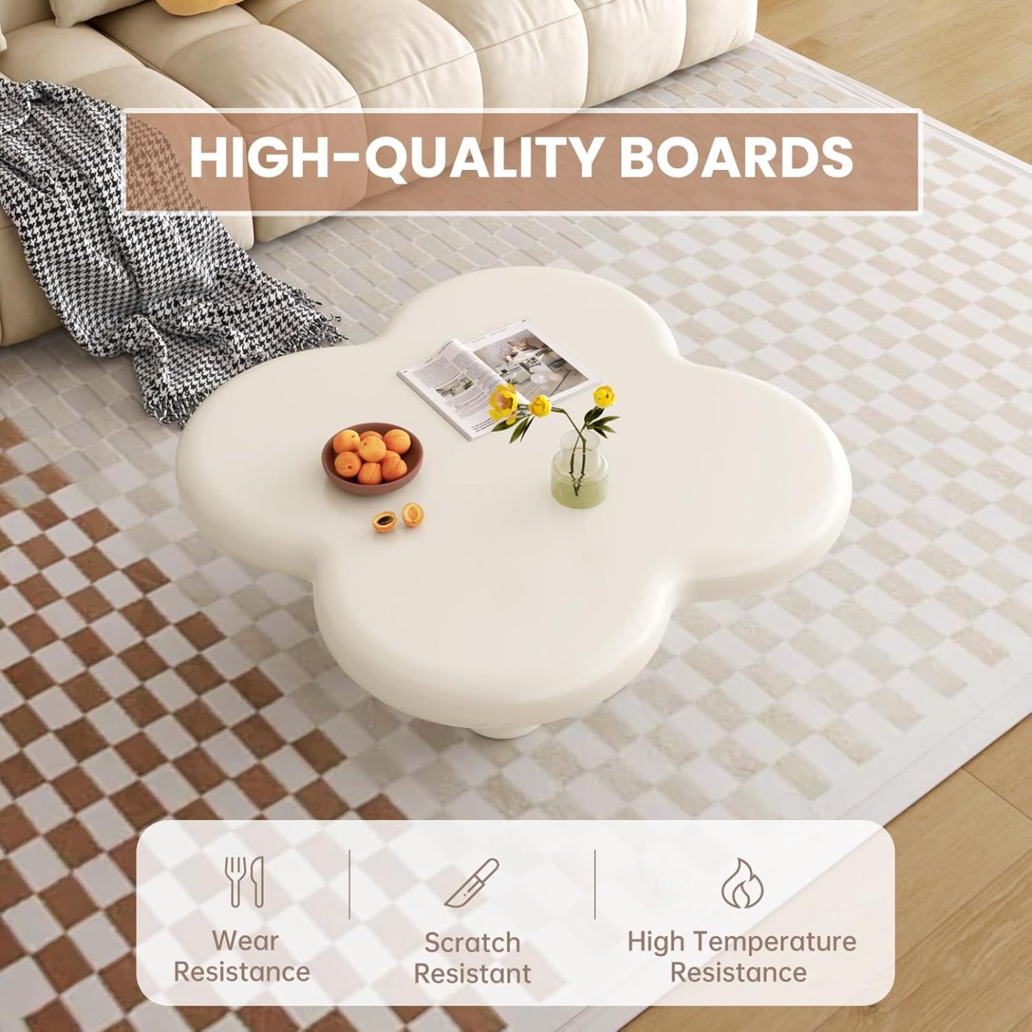 33.46" White Coffee Table, Funky Floral-Shaped Coffee Table Living Room, Bedroom, Home Office, Balcony or Lounge