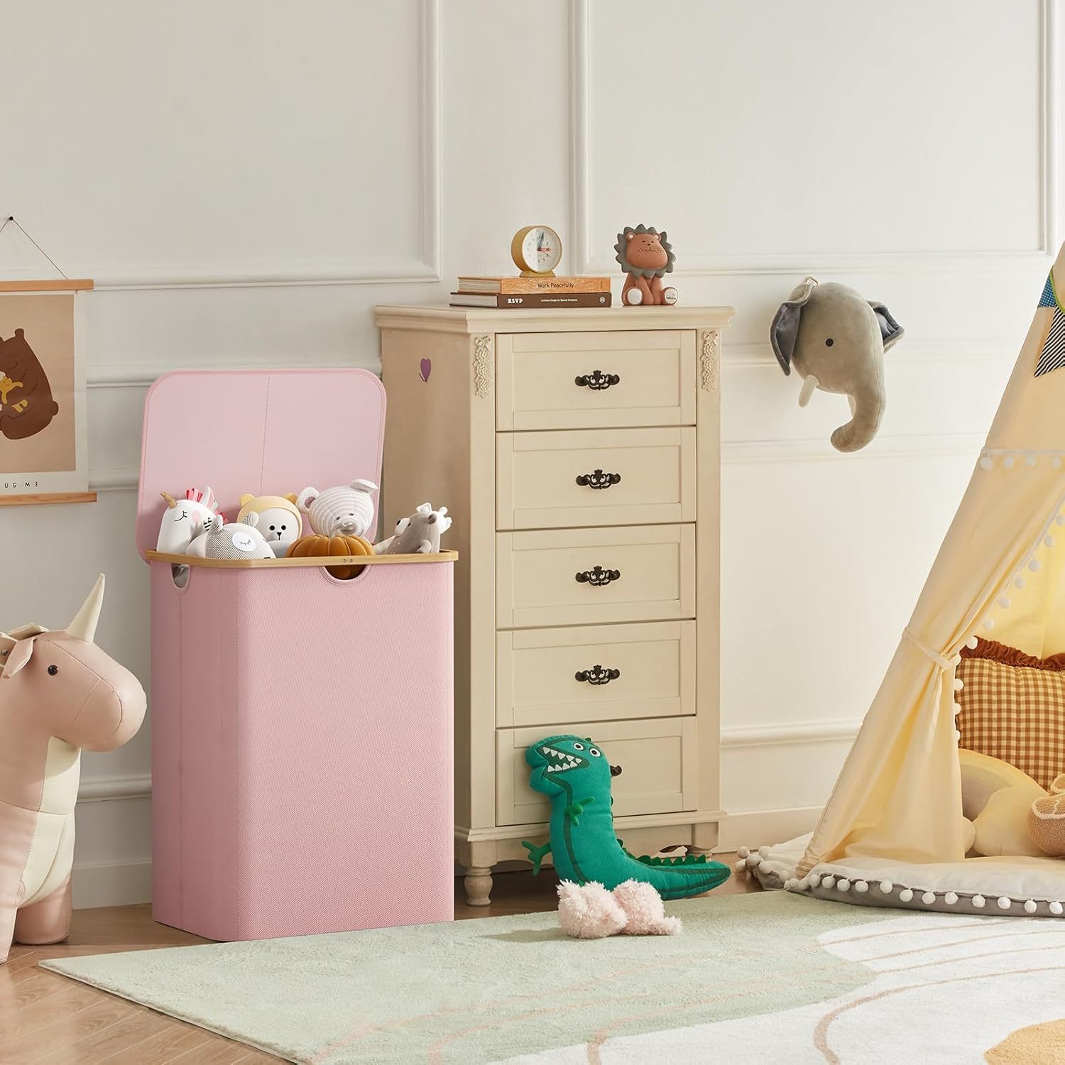 150L Laundry Basket with Lid, Clothes Hampers for Laundry with Bamboo Handles and 2 Removable Laundry Bags