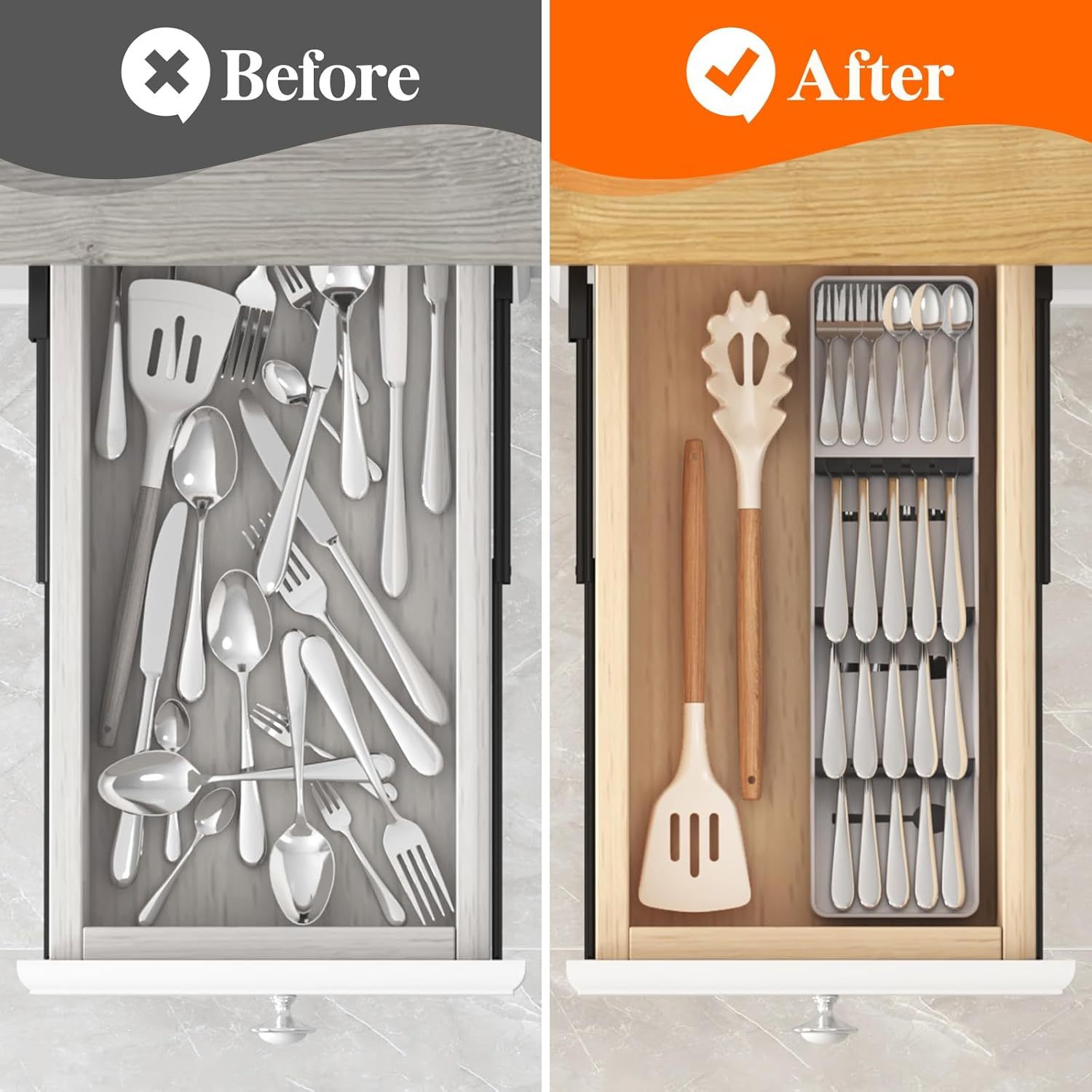 Compact Flatware Drawer Organizer, Narrow Silverware Tray for Kitchen Drawers, Plastic Cutlery Holder