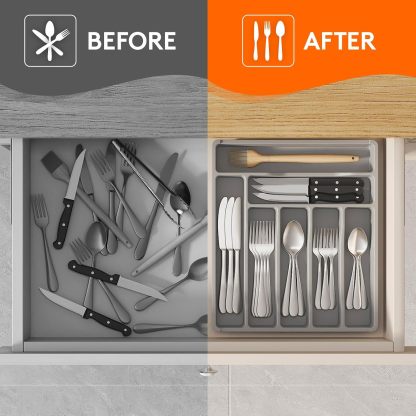Silverware Drawer Organizer Tray, Plastic Cutlery Storage for Kitchen Drawer, Flatware and Utensil Holder Divider