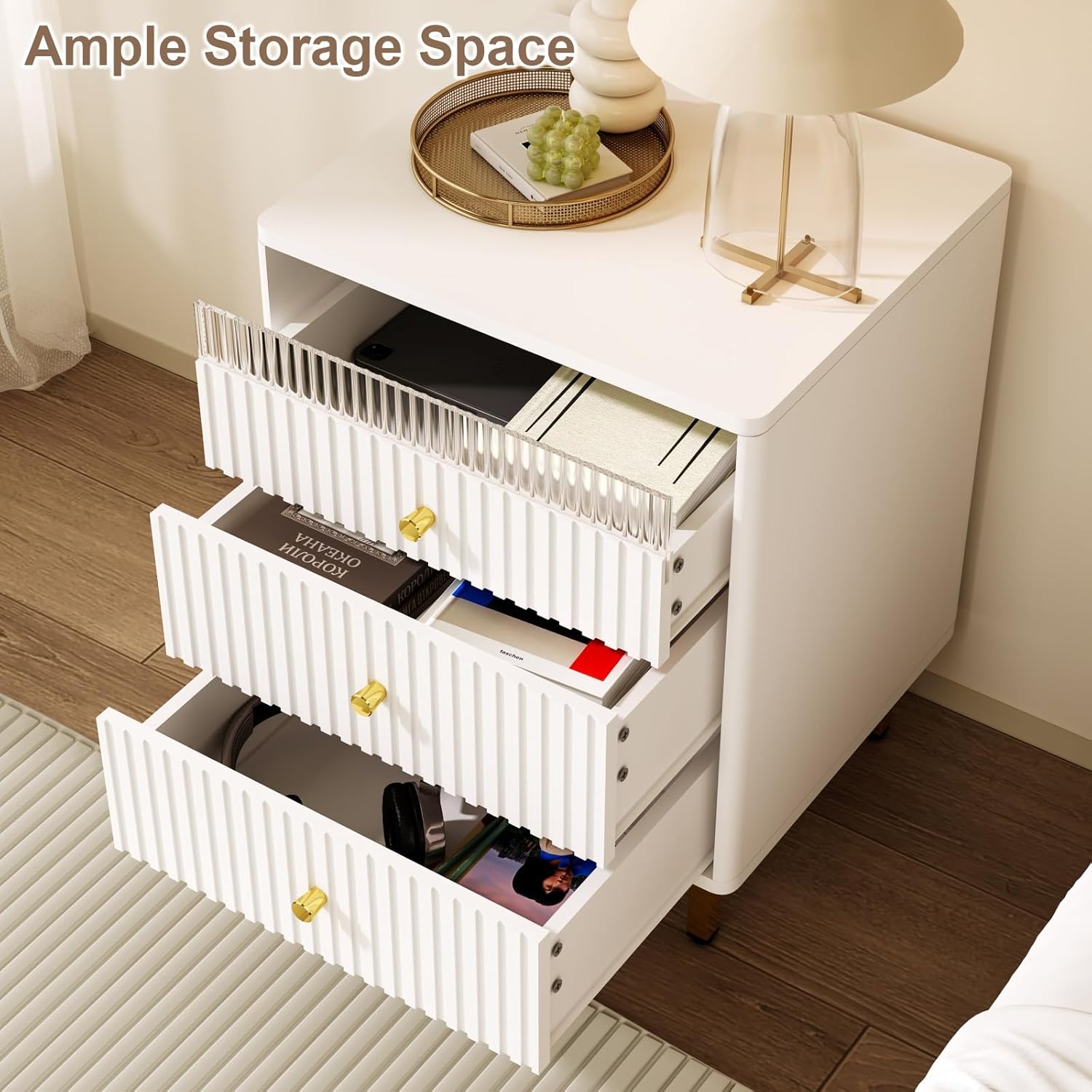 Night Stand, Fluted White Nightstand with 3 Drawers, End Table with Gold Legs and Handles