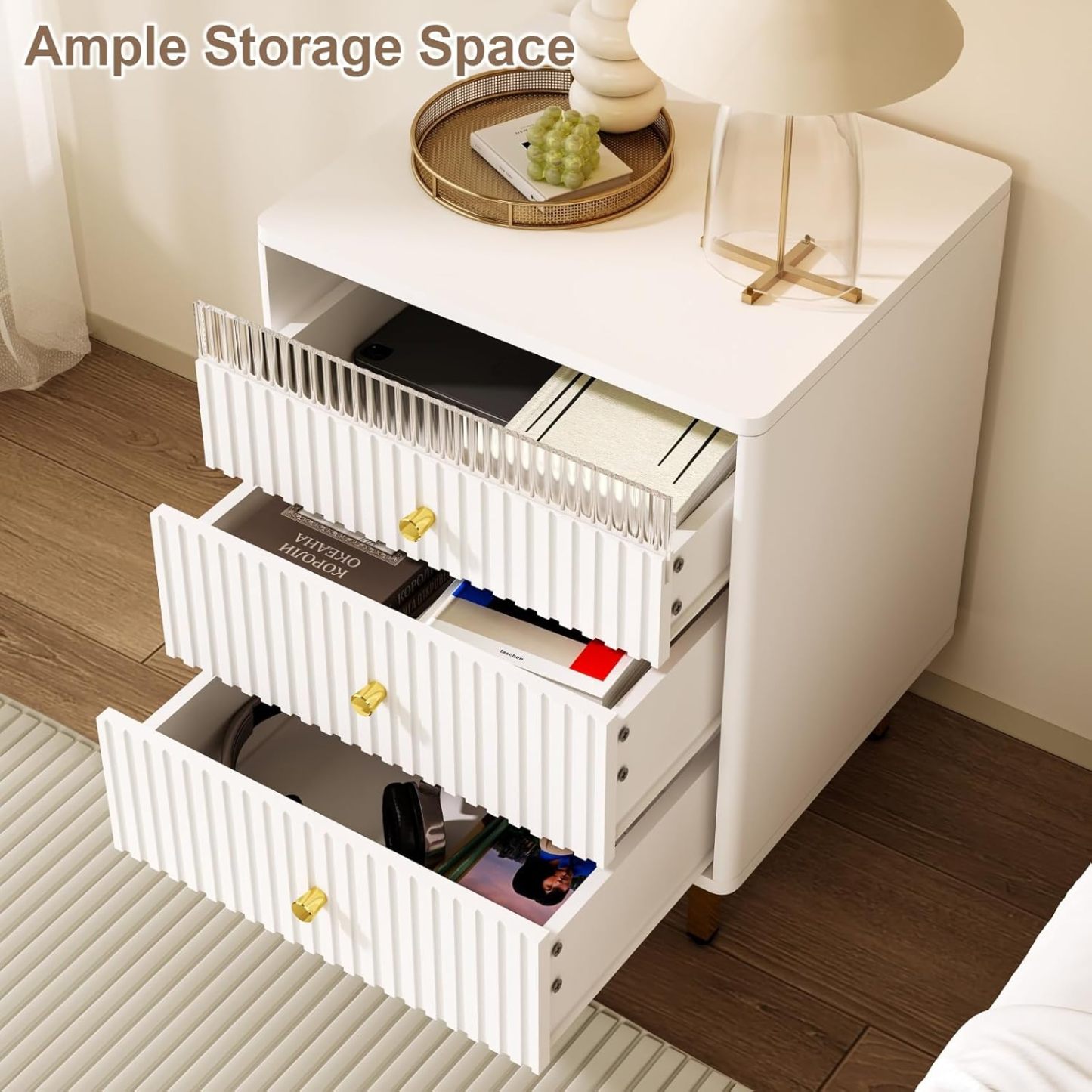 Night Stand, Fluted White Nightstand with 3 Drawers, End Table with Gold Legs and Handles