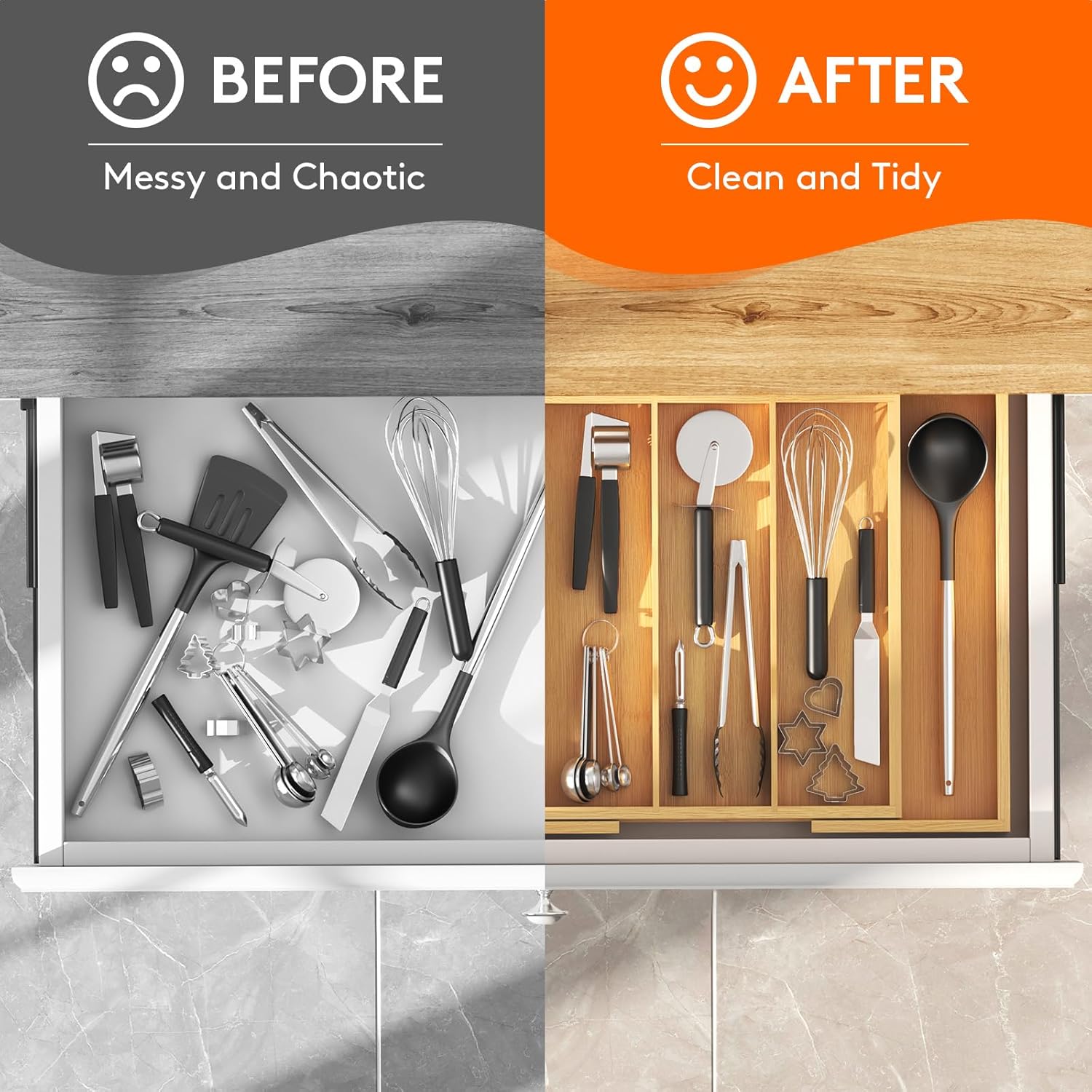 Utensil Organizer for Kitchen Drawer, Expandable Cooking Utensil Tray, Bamboo Cutlery Silverware Flatware Holder