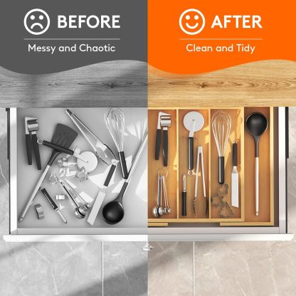 Utensil Organizer for Kitchen Drawer, Expandable Cooking Utensil Tray, Bamboo Cutlery Silverware Flatware Holder