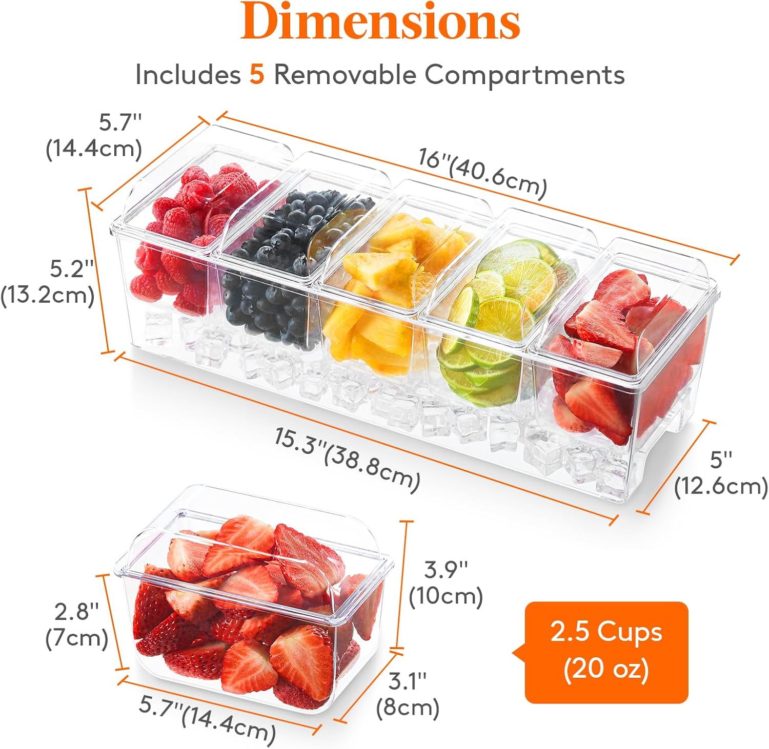 Ice Chilled Condiment Caddy with 5 Containers(2.5 cup), Condiment Server with Separate Lids