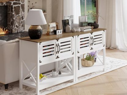 Farmhouse Console Table with Charging Station, 35.4 L x 17.7 D x 31.49 H Coffee Bar Cabinet with Storage