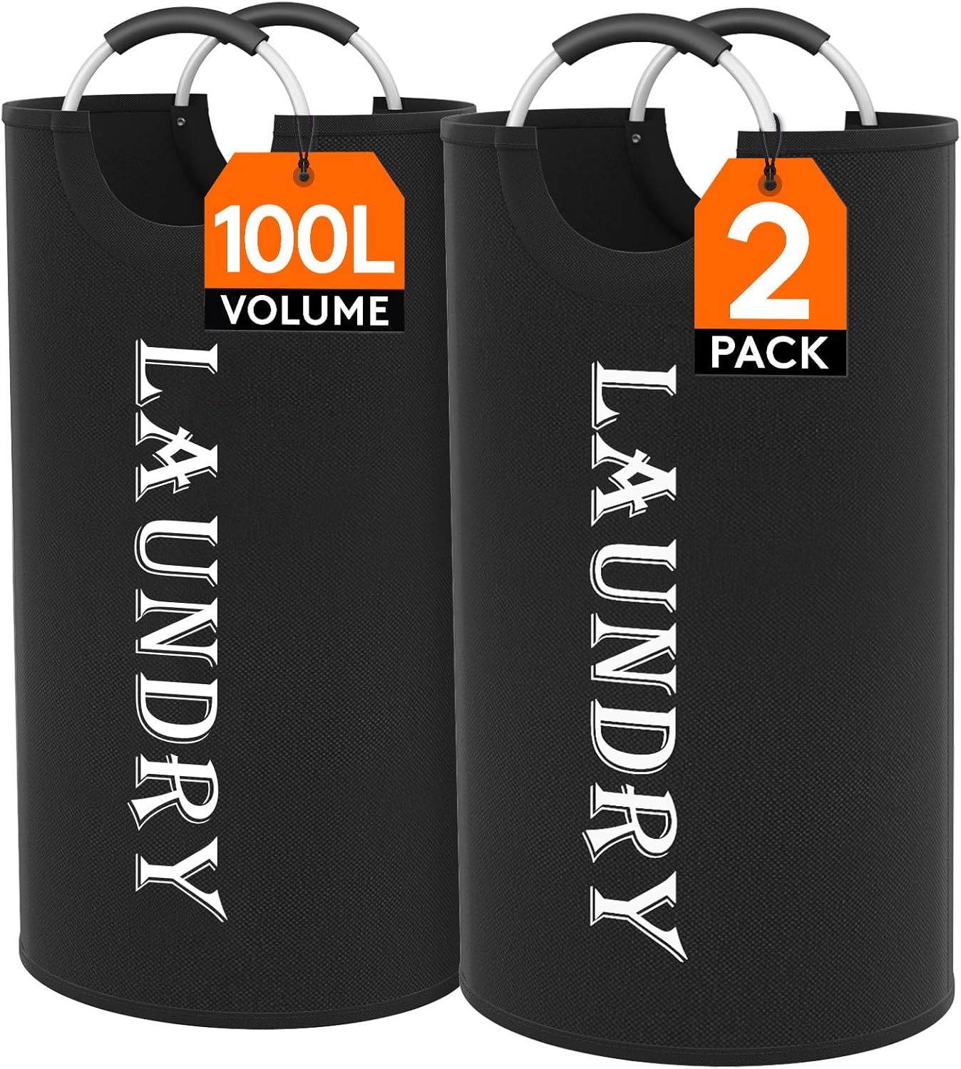 100L 2-Pack Large Laundry Basket, Collapsible Laundry Hamper with Aluminum Handles, Waterproof Freestanding Dirty Clothes Hampers